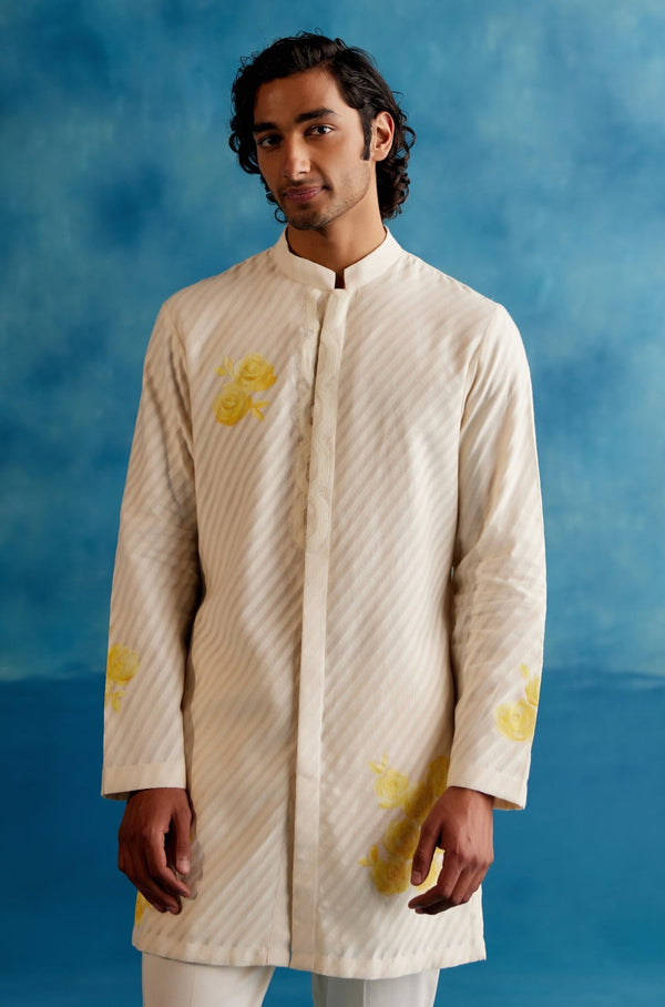 Ivory and Yellow Woven Silk Chanderi Front Open Hand-Painted Kurta Set