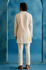 Ivory and Yellow Woven Silk Chanderi Front Open Hand-Painted Kurta Set
