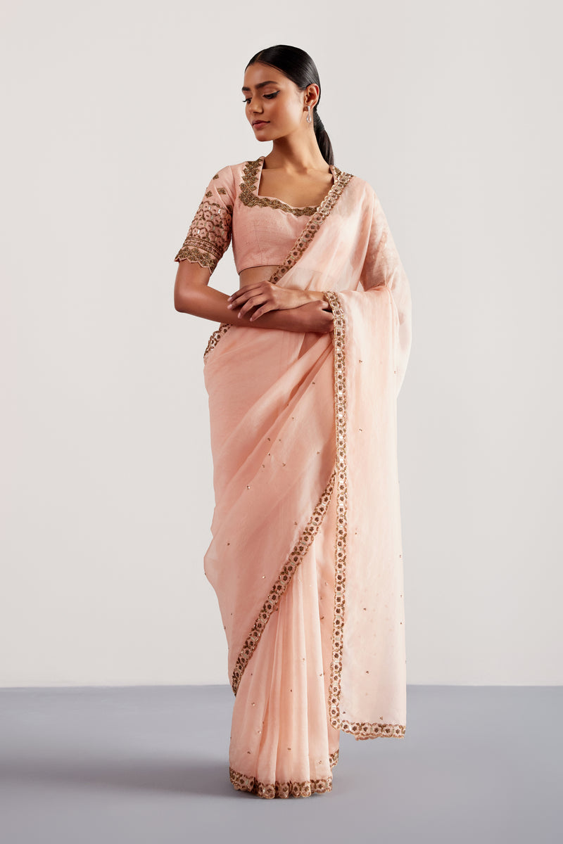 Blush Pink Hand Embroidered Silk Organza Saree