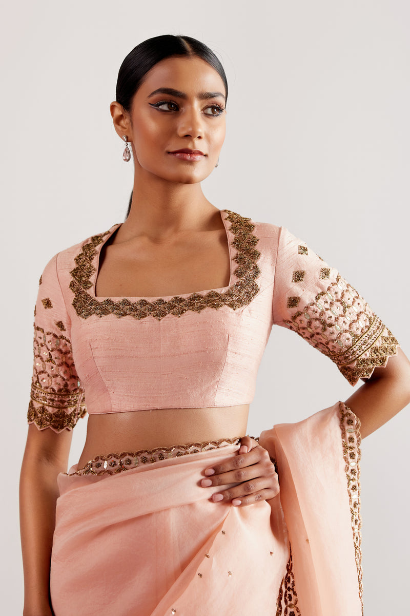 Blush Pink Hand Embroidered Silk Organza Saree