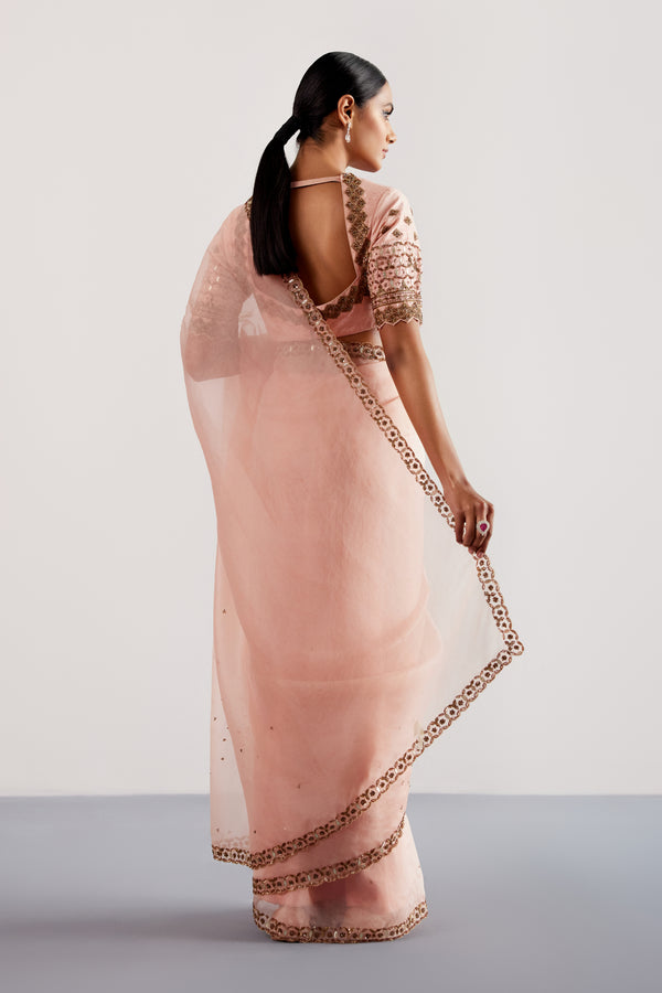 Blush Pink Hand Embroidered Silk Organza Saree