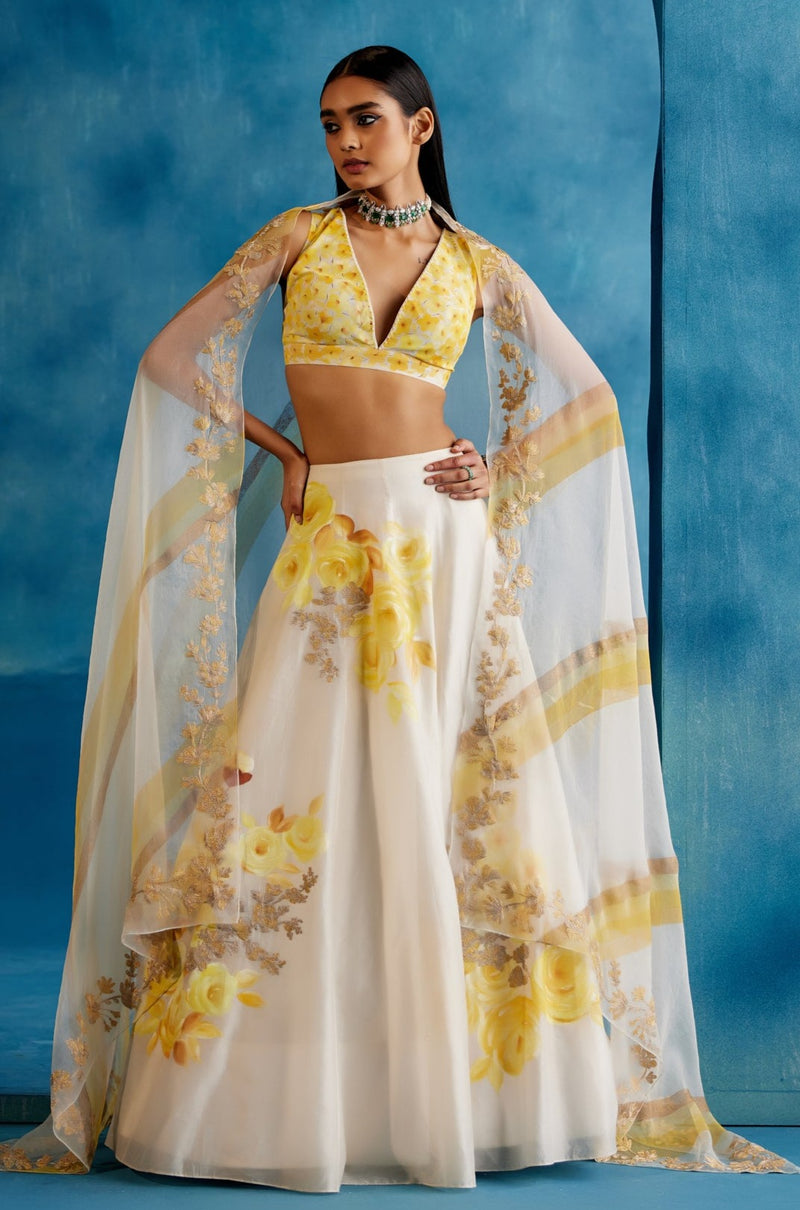 Ivory and Yellow Silk Chanderi Hand-Painted Embroidered Lehenga Set