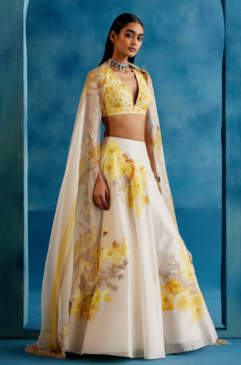 Ivory and Yellow Silk Chanderi Hand-Painted Embroidered Lehenga Set