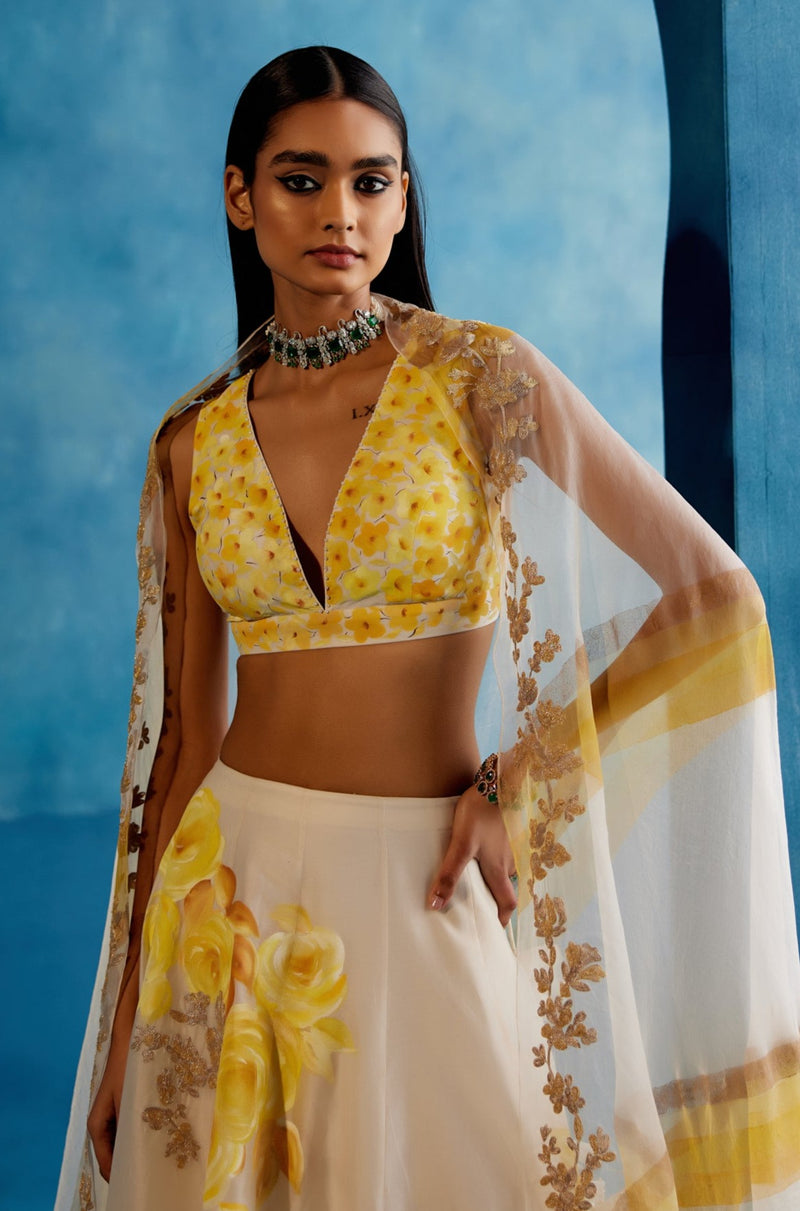 Ivory and Yellow Silk Chanderi Hand-Painted Embroidered Lehenga Set