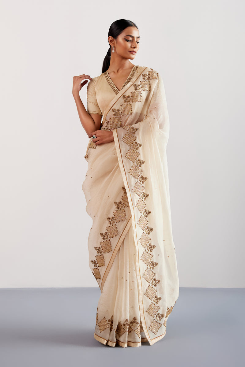 Beige Zardozi and Sequins Hand Embroidered Silk Organza Saree