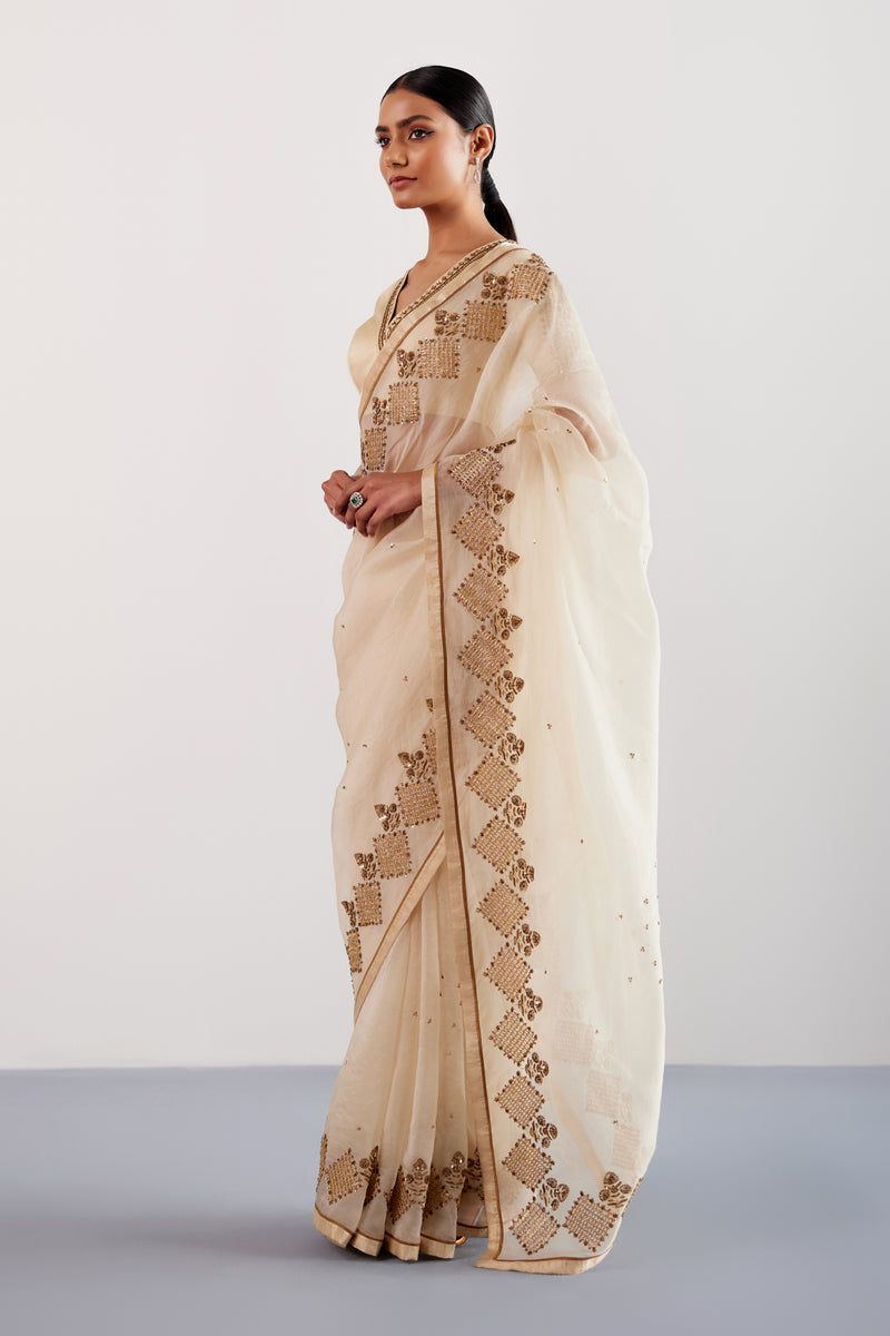 Beige Zardozi and Sequins Hand Embroidered Silk Organza Saree