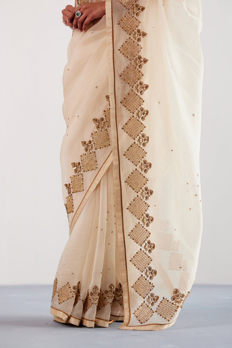 Beige Zardozi and Sequins Hand Embroidered Silk Organza Saree