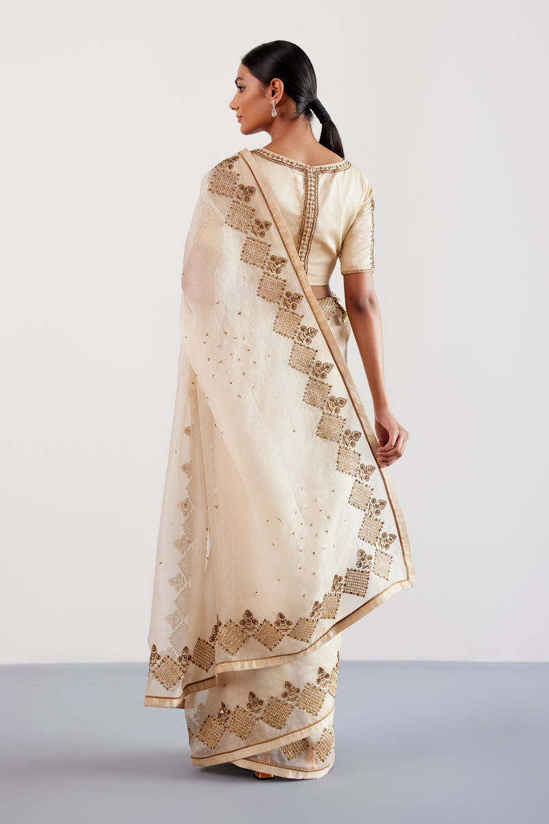 Beige Zardozi and Sequins Hand Embroidered Silk Organza Saree