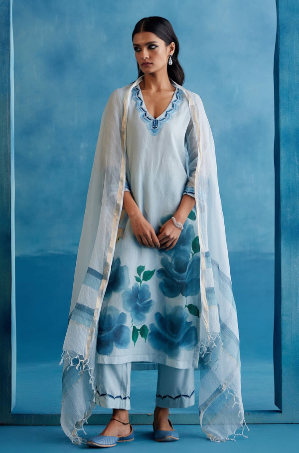 Blue Cotton Kota Hand-Painted Embroidered Kurta Set