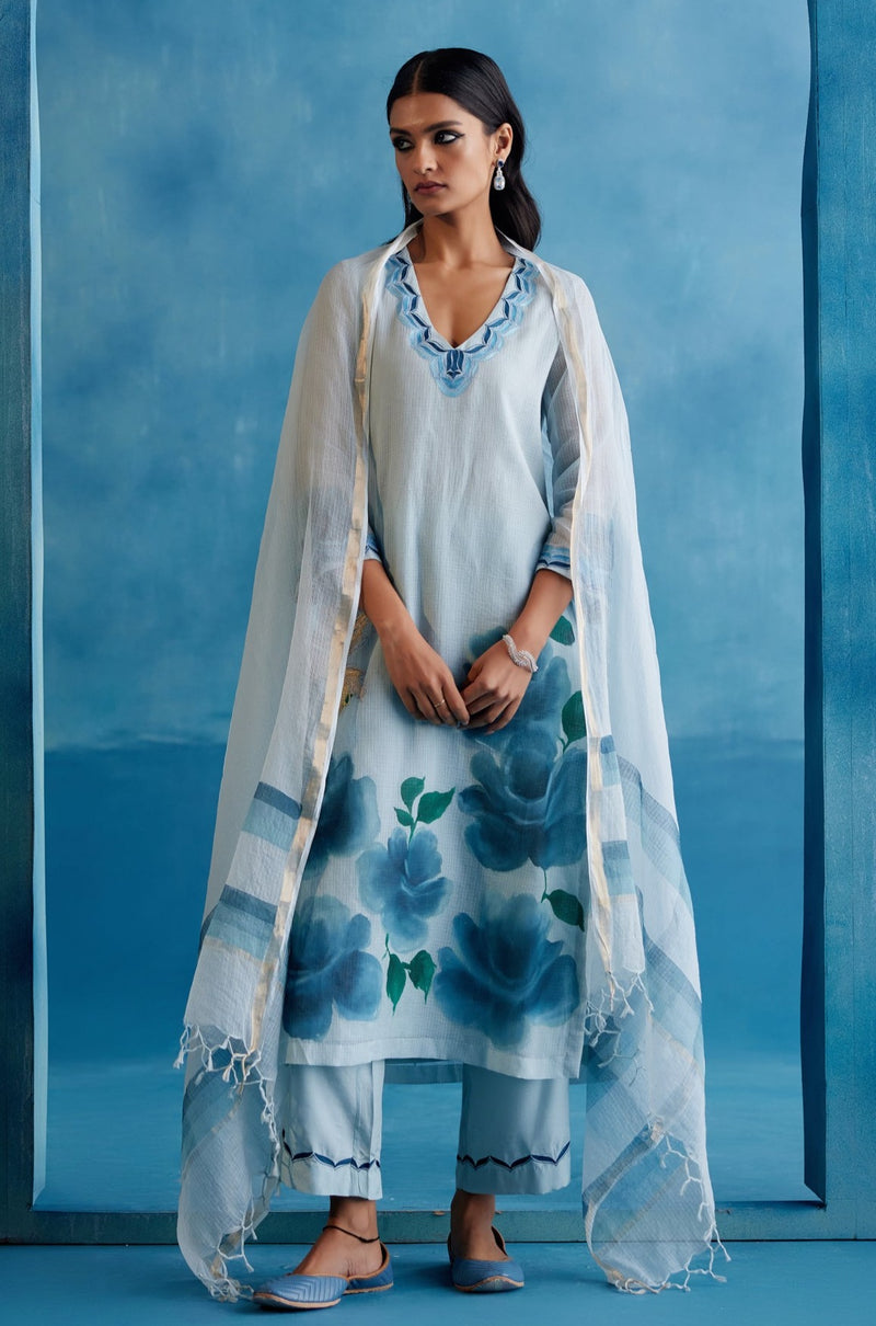 Blue Cotton Kota Hand-Painted Embroidered Kurta Set