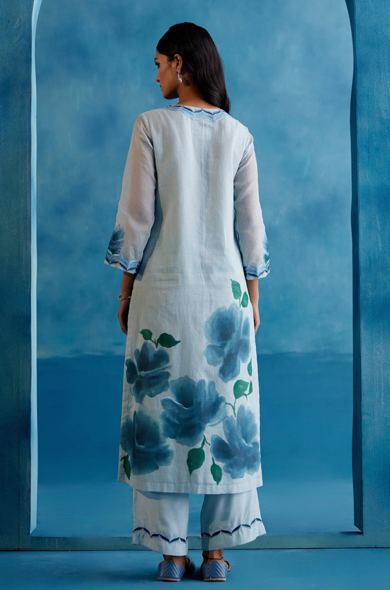 Blue Cotton Kota Hand-Painted Embroidered Kurta Set