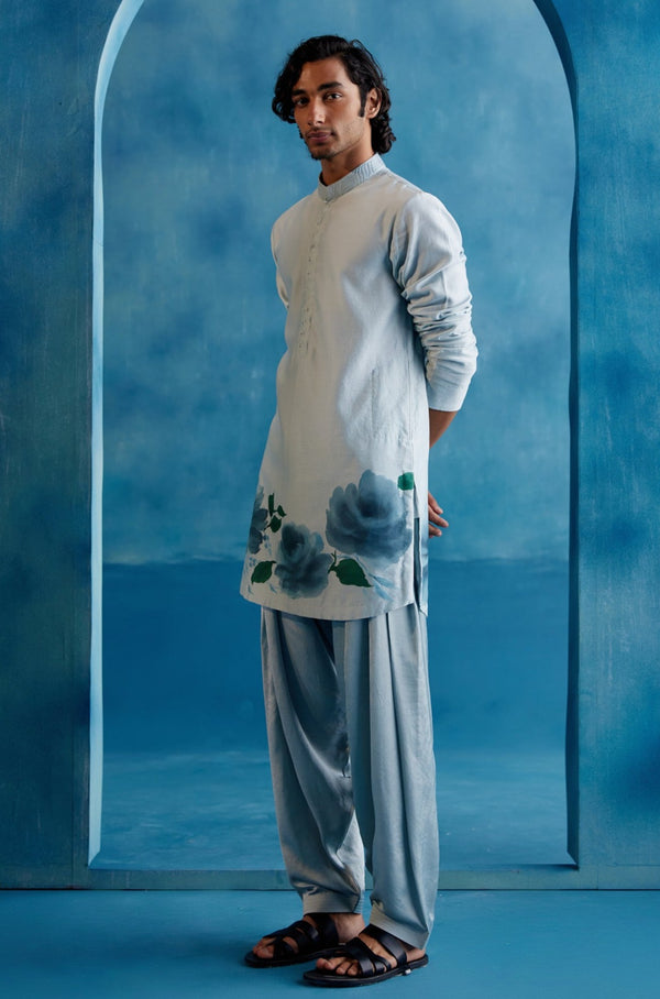 Ice Blue Silk Chanderi Hand-Painted Kurta Set