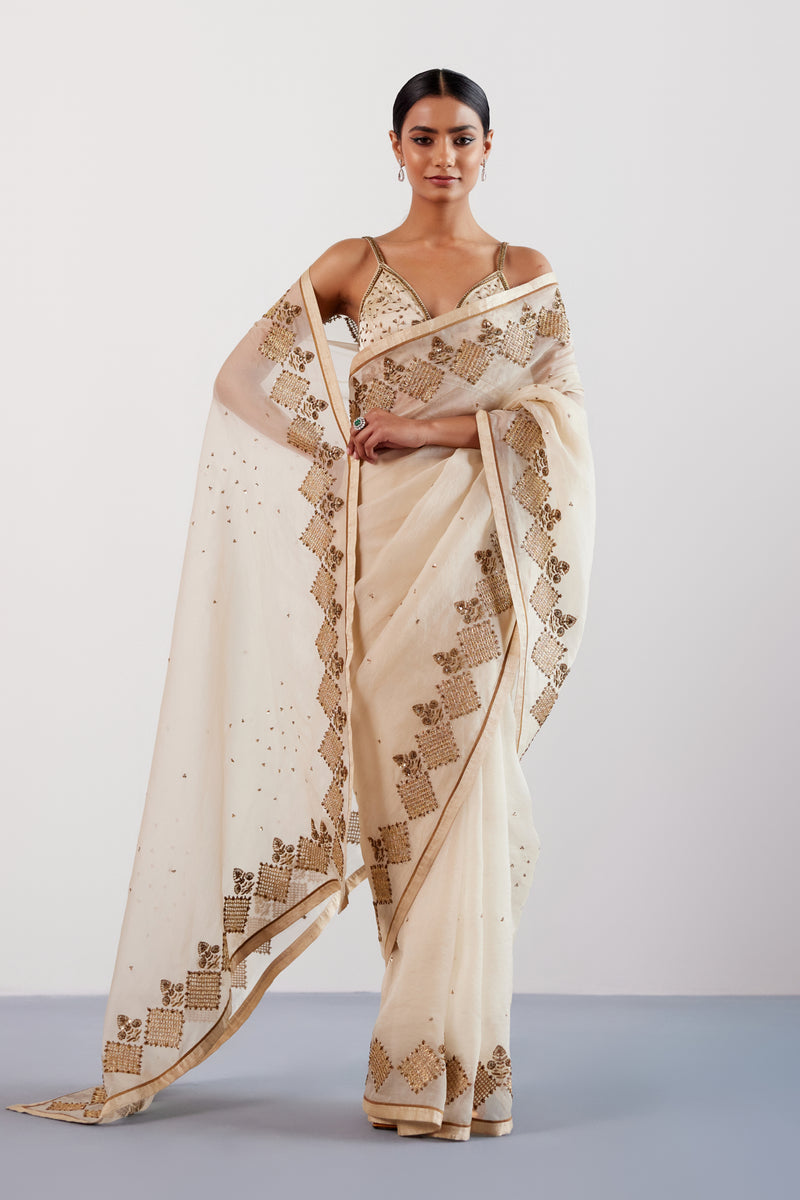 Beige Zardozi and Sequins Hand Embroidered Silk Organza Saree