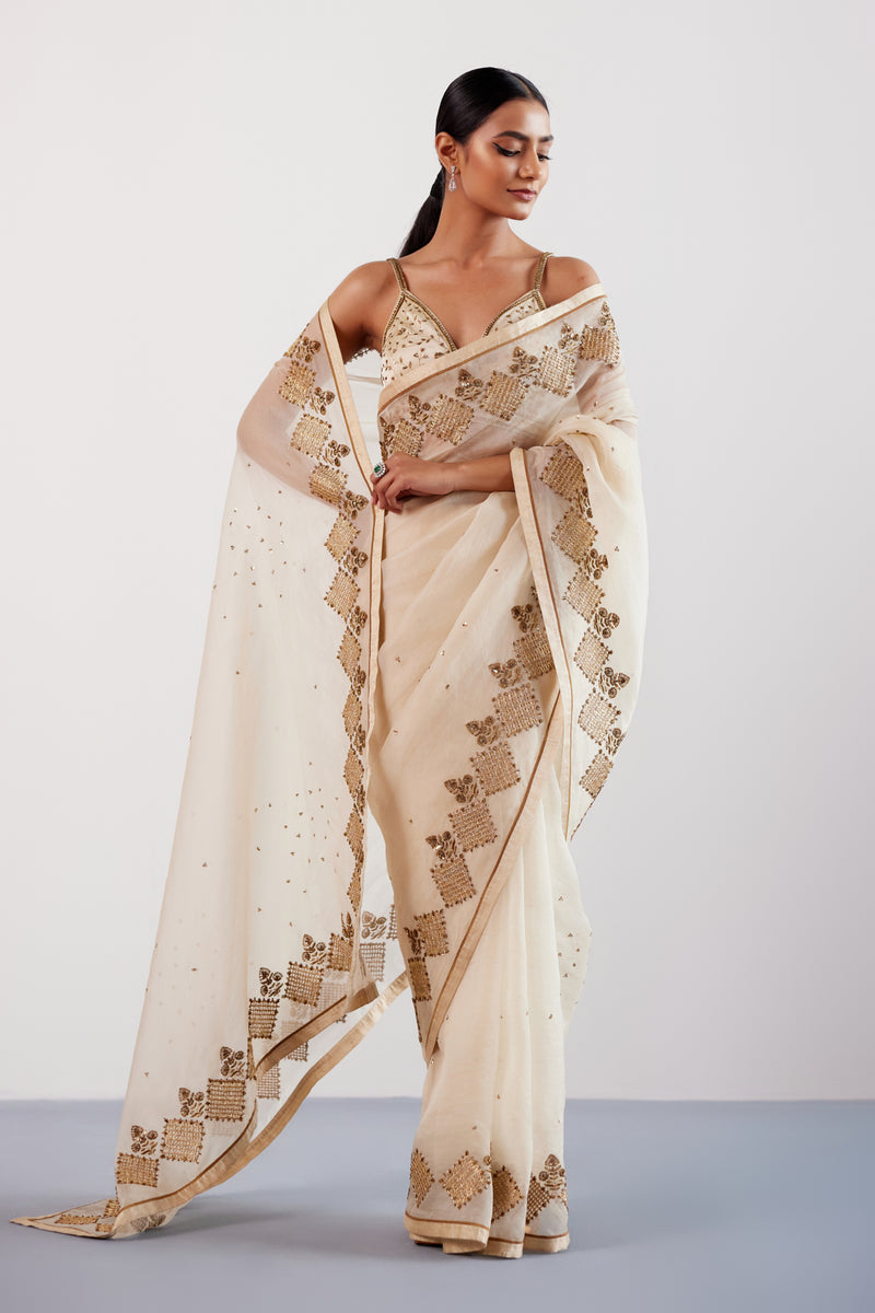 Beige Zardozi and Sequins Hand Embroidered Silk Organza Saree