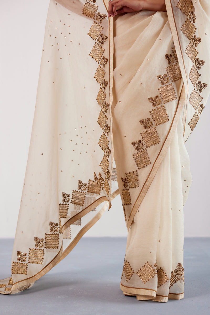 Beige Zardozi and Sequins Hand Embroidered Silk Organza Saree