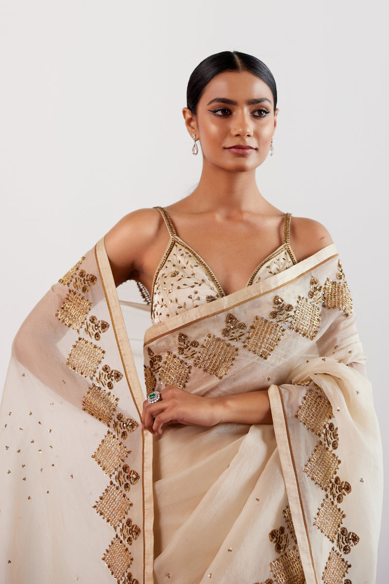 Beige Zardozi and Sequins Hand Embroidered Silk Organza Saree