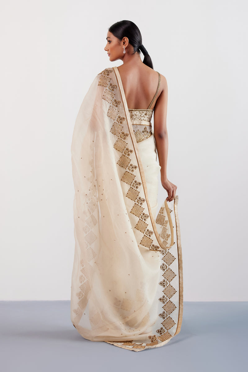 Beige Zardozi and Sequins Hand Embroidered Silk Organza Saree