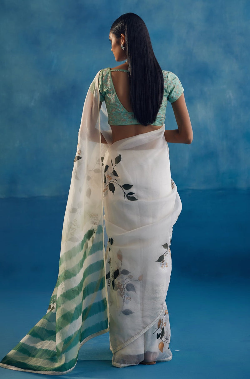 Sage Green Silk Organza Hand-Painted Leheriya Saree