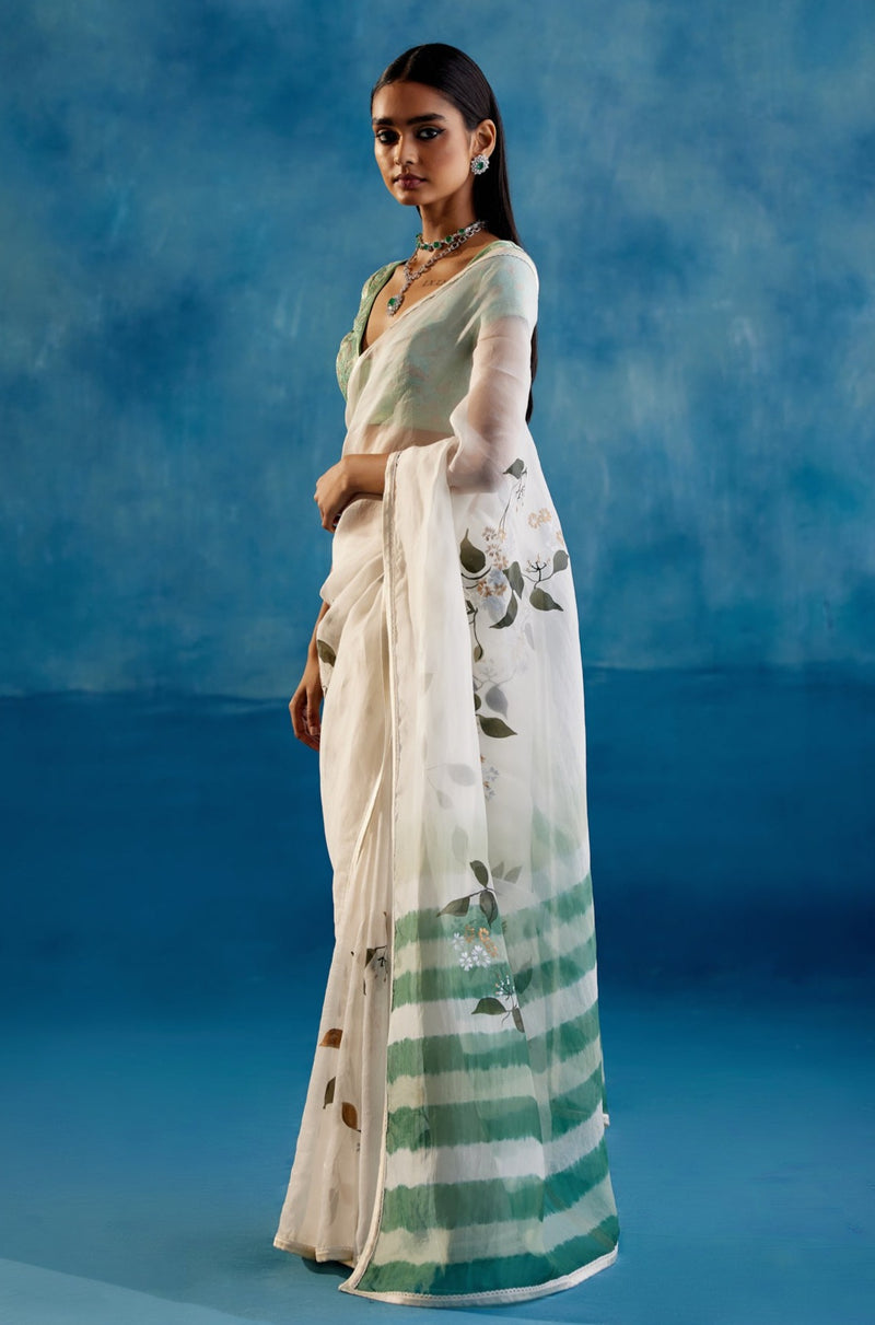 Sage Green Silk Organza Hand-Painted Leheriya Saree