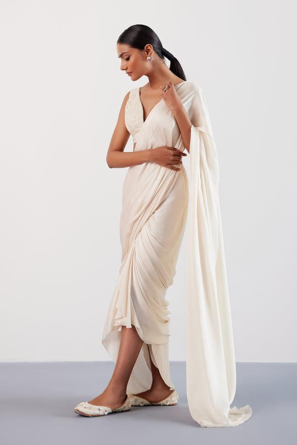 Ivory Satin Pre Draped Saree