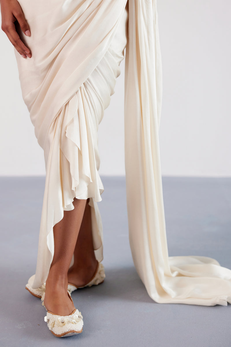 Ivory Satin Pre Draped Saree