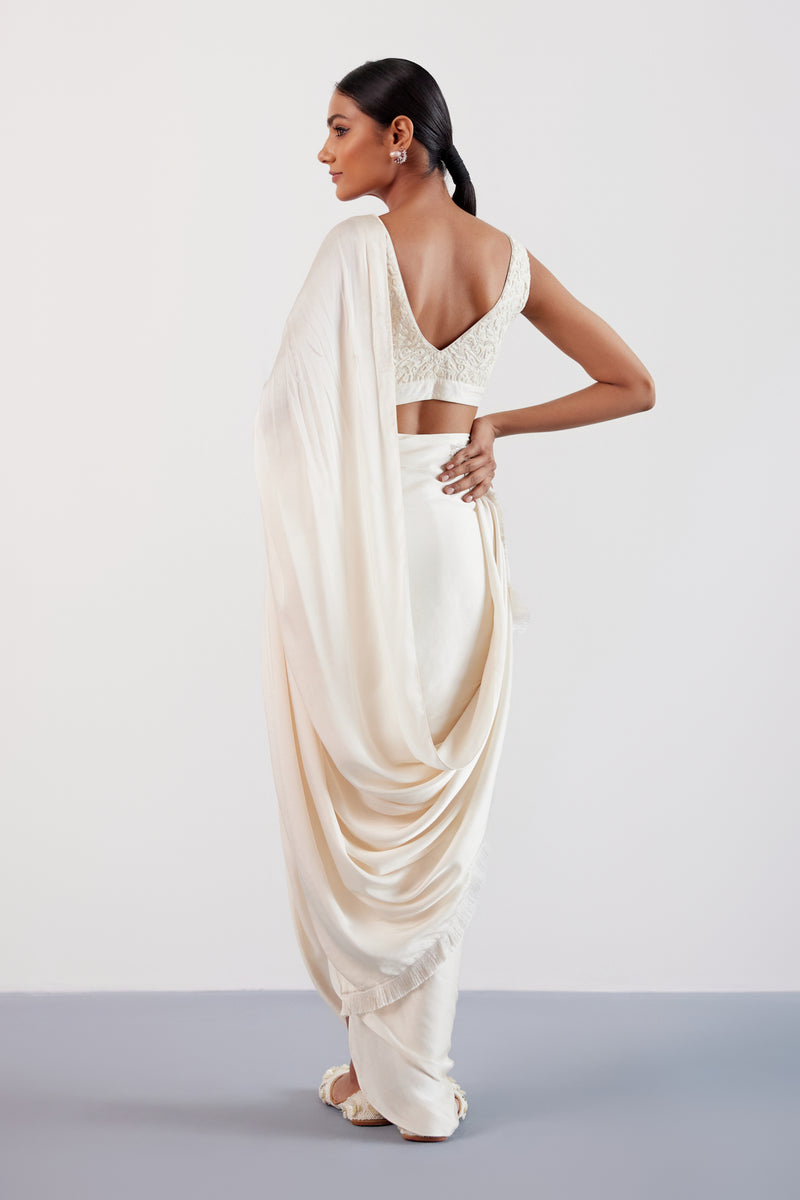 Ivory Satin Pre Draped Saree