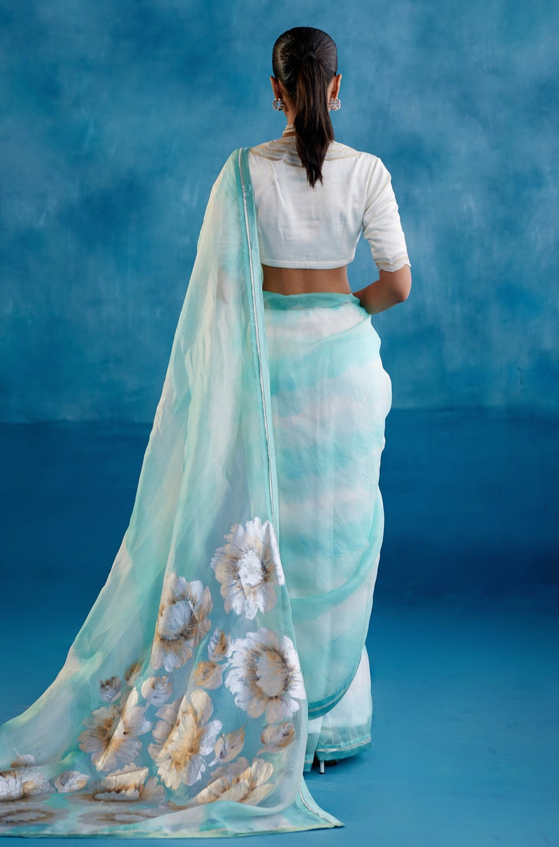 Aqua Blue Silk Organza Hand-Painted Leheriya Saree