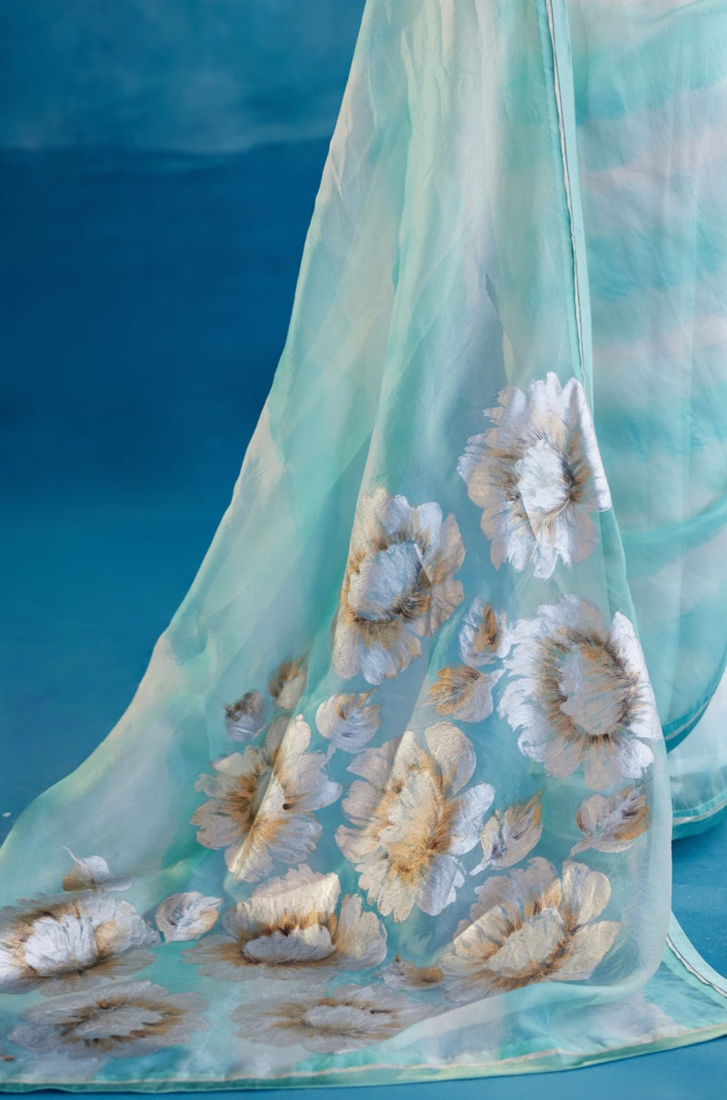 Aqua Blue Silk Organza Hand-Painted Leheriya Saree