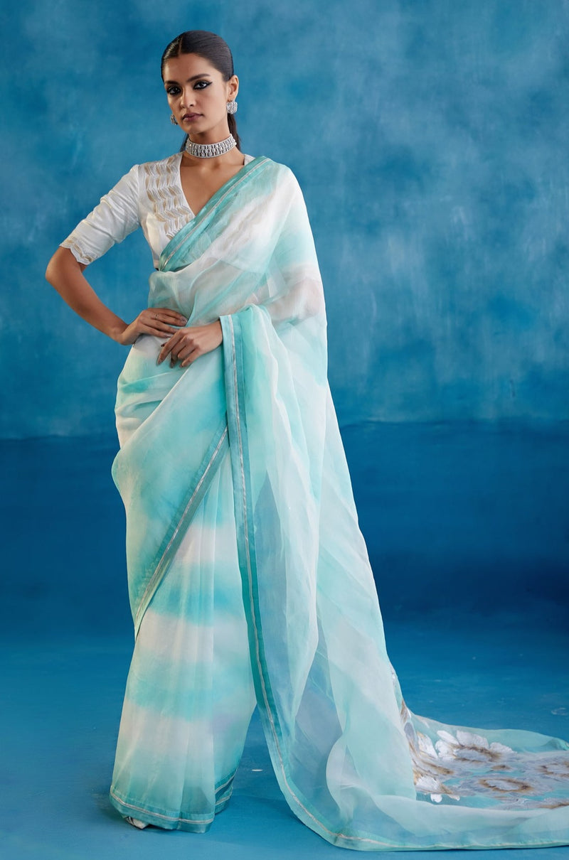 Aqua Blue Silk Organza Hand-Painted Leheriya Saree