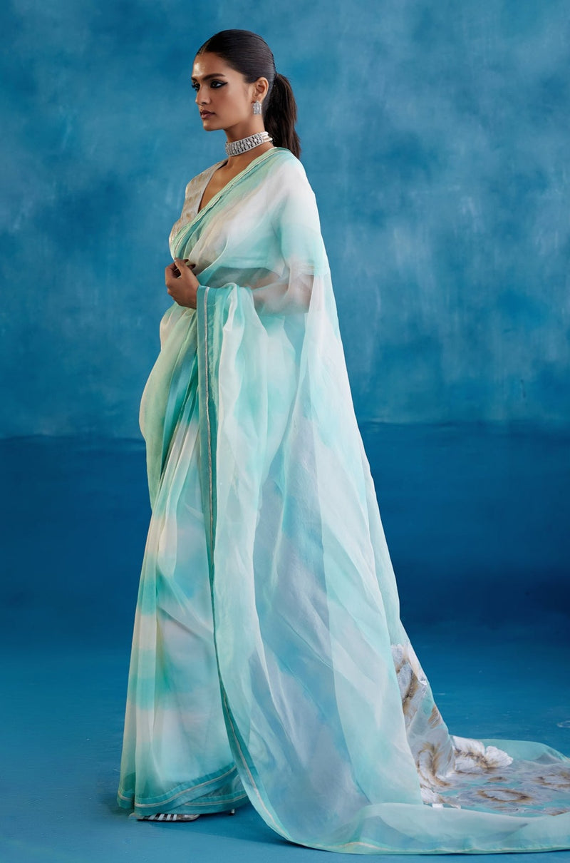 Aqua Blue Silk Organza Hand-Painted Leheriya Saree