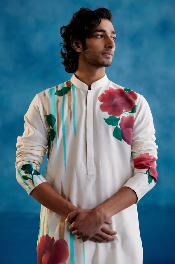 Ivory Silk Chanderi Hand-Painted Kurta Set