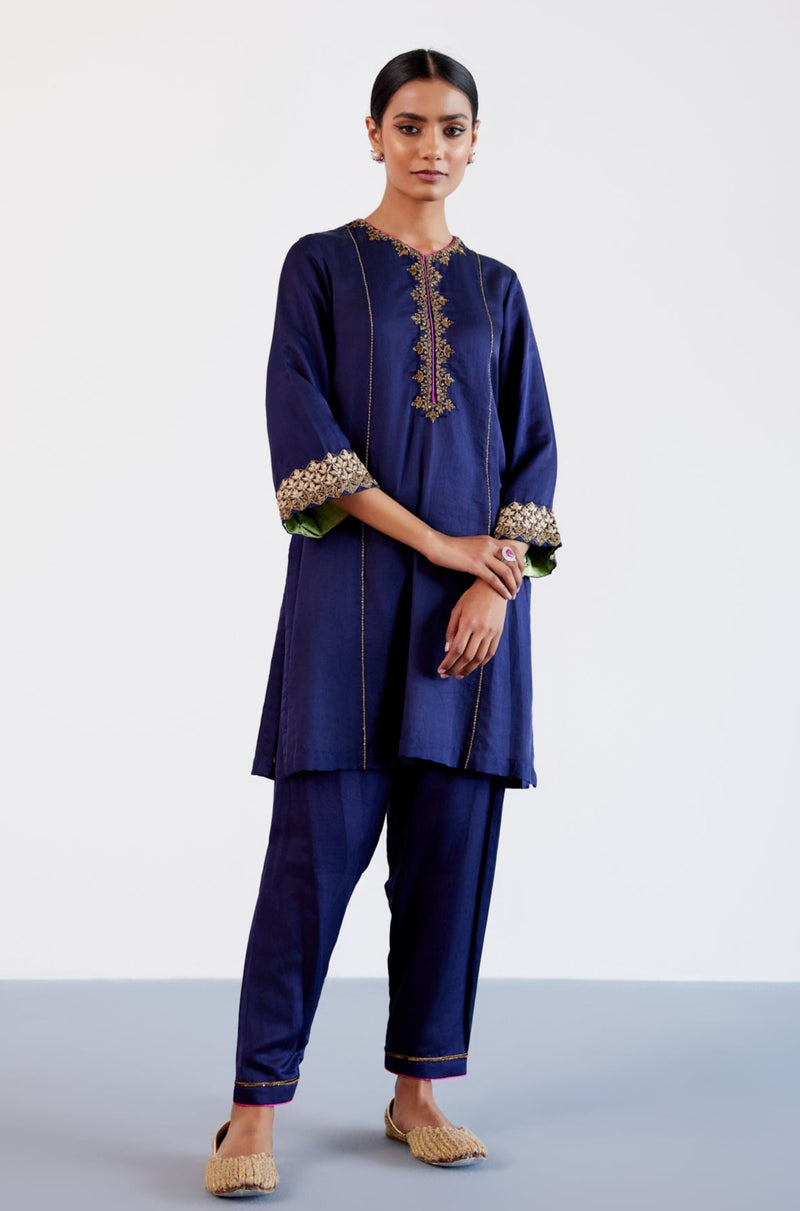 Navy Blue Hand Embroidered Cotton Silk Satin Salwar Set