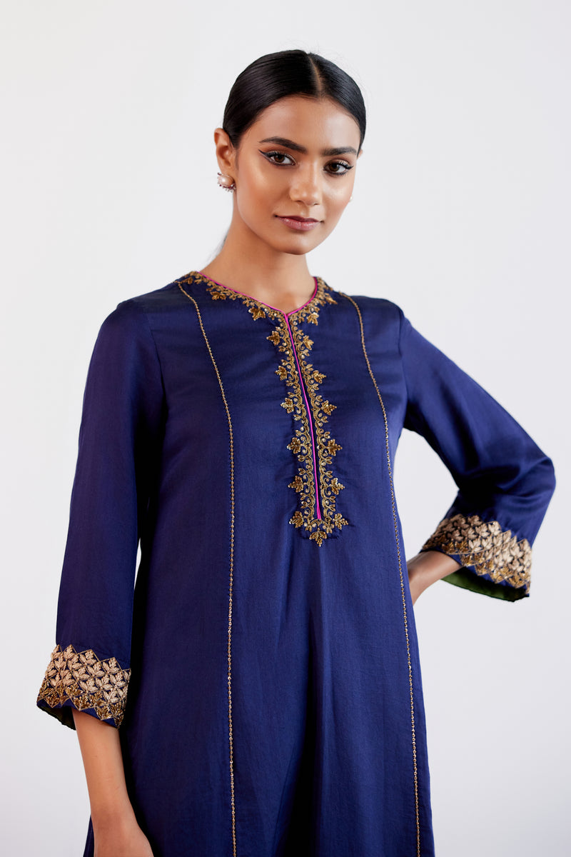 Navy Blue Hand Embroidered Cotton Silk Satin Salwar Set