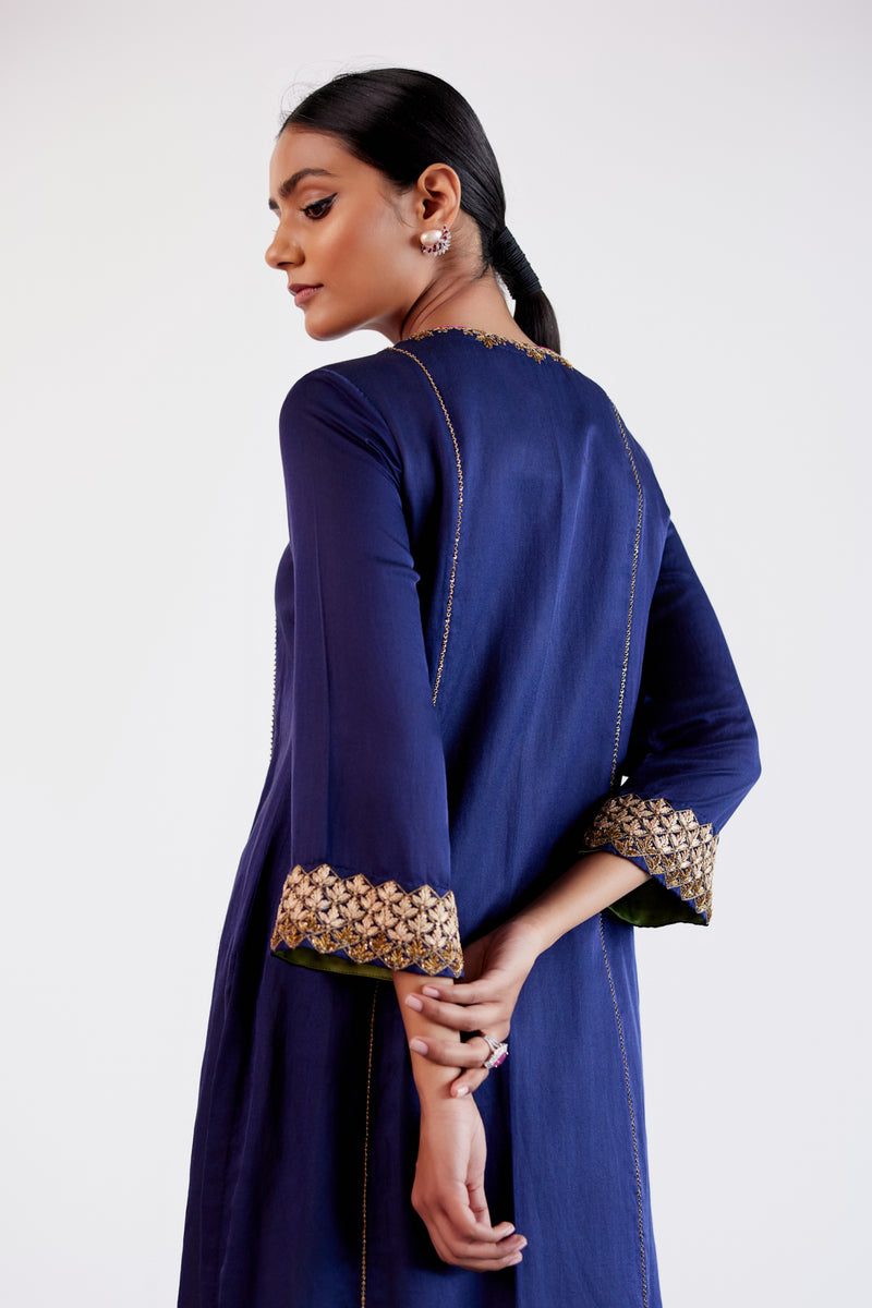 Navy Blue Hand Embroidered Cotton Silk Satin Salwar Set