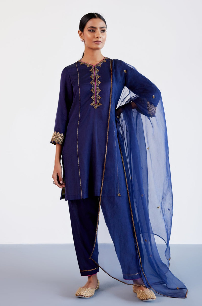 Navy Blue Hand Embroidered Cotton Silk Satin Salwar Set