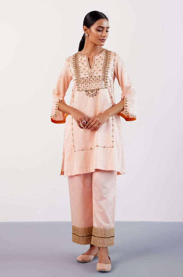 Blush Pink Hand Embroidered Cotton Silk Satin Kurta Set