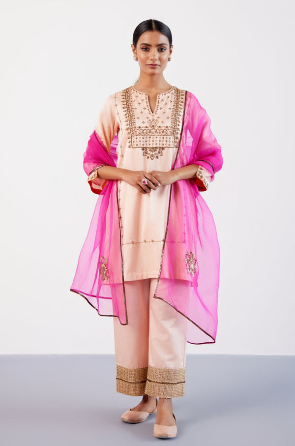 Blush Pink Hand Embroidered Cotton Silk Satin Kurta Set