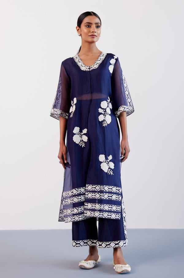 Navy Blue Slit Silk Organza Kurta Set