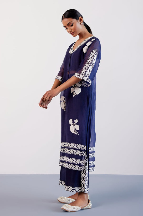 Navy Blue Slit Silk Organza Kurta Set