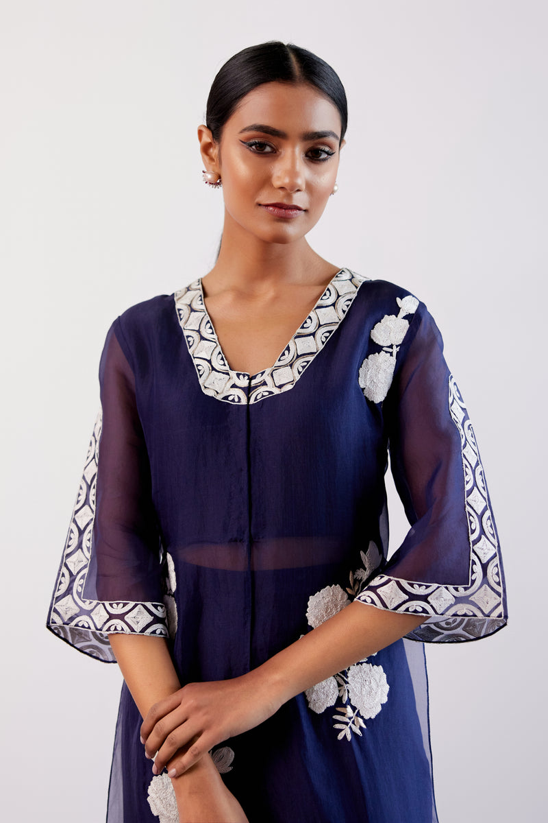 Navy Blue Slit Silk Organza Kurta Set