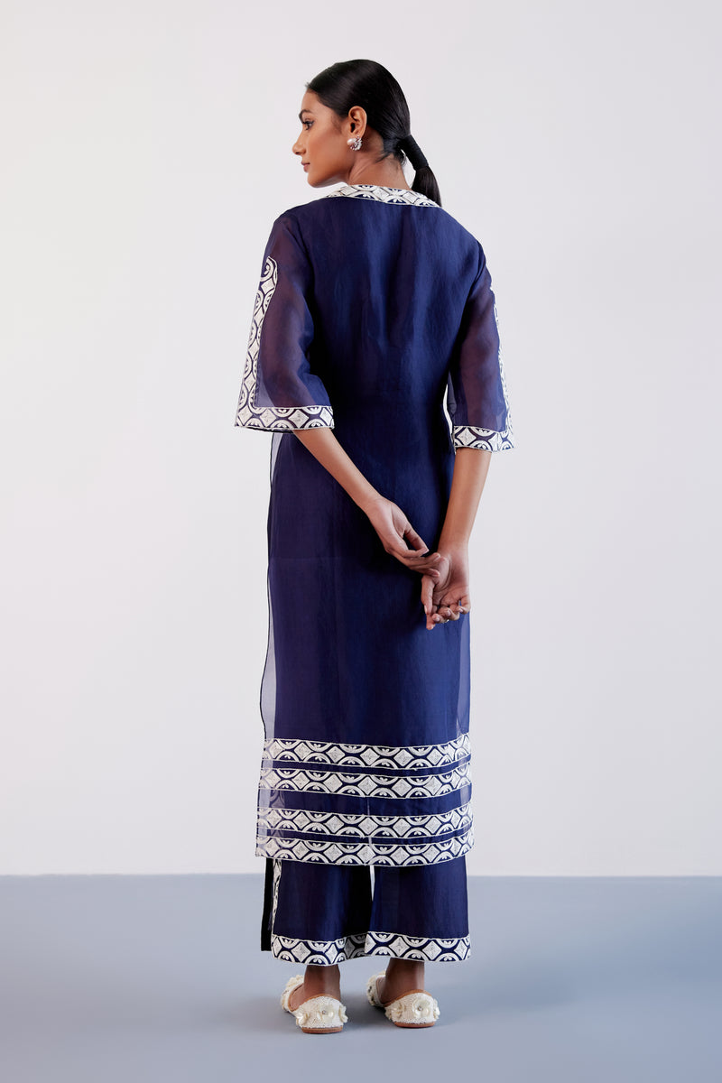 Navy Blue Slit Silk Organza Kurta Set