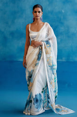 Ivory Silk Organza Hand-Painted Embroidered Saree
