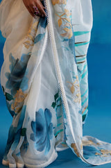 Ivory Silk Organza Hand-Painted Embroidered Saree