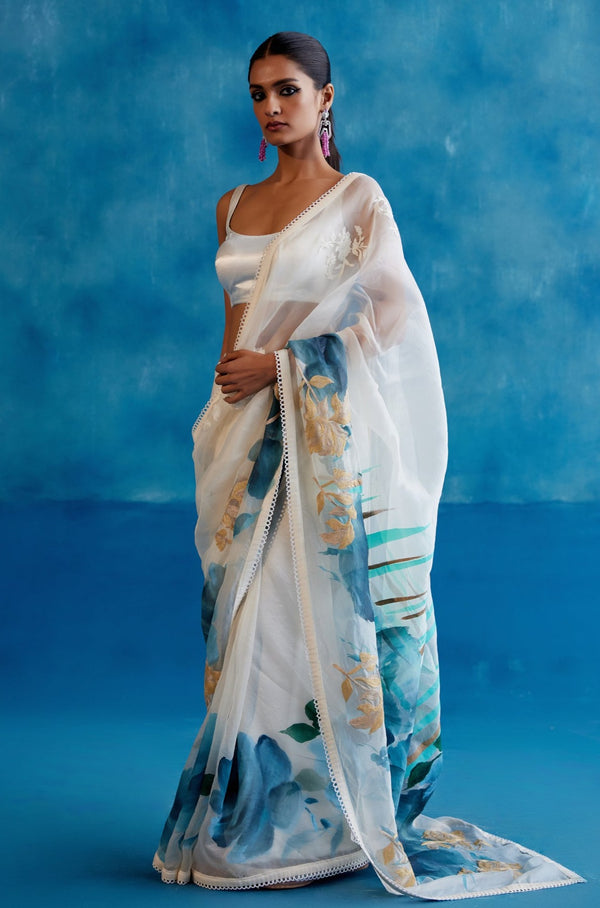 Ivory Silk Organza Hand-Painted Embroidered Saree