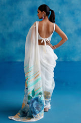 Ivory Silk Organza Hand-Painted Embroidered Saree