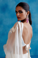 Ivory Silk Organza Hand-Painted Embroidered Saree