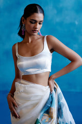 Ivory Silk Organza Hand-Painted Embroidered Saree