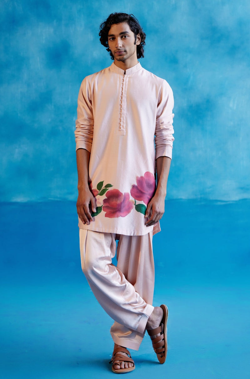 Blush Pink Silk Chanderi Hand-Painted Kurta Set