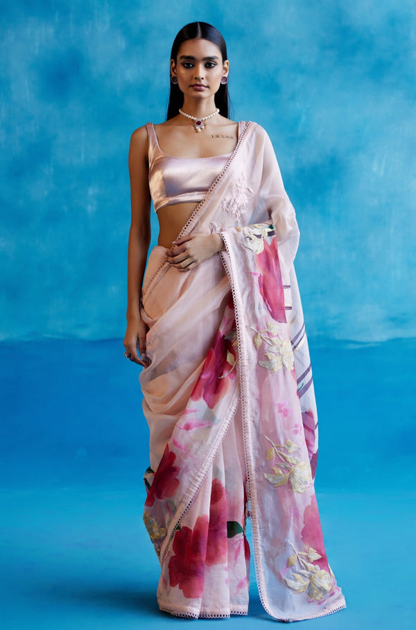 Blush Pink Silk Organza Hand-Painted Embroidered Saree