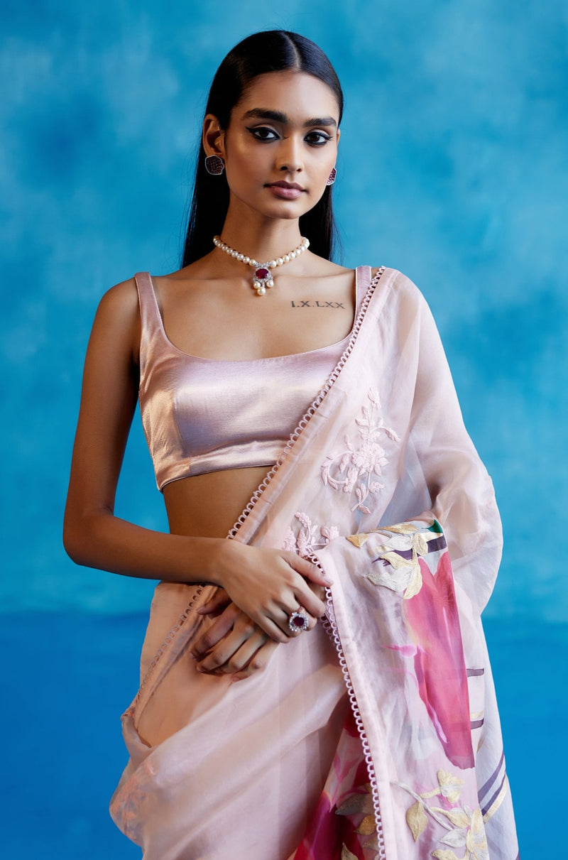 Blush Pink Silk Organza Hand-Painted Embroidered Saree